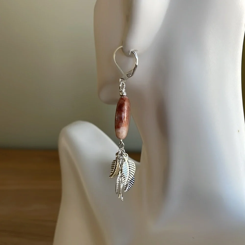 HAND CRAFTED SUNSTONE PIERCED EARRINGS Boho Dangling Leaves